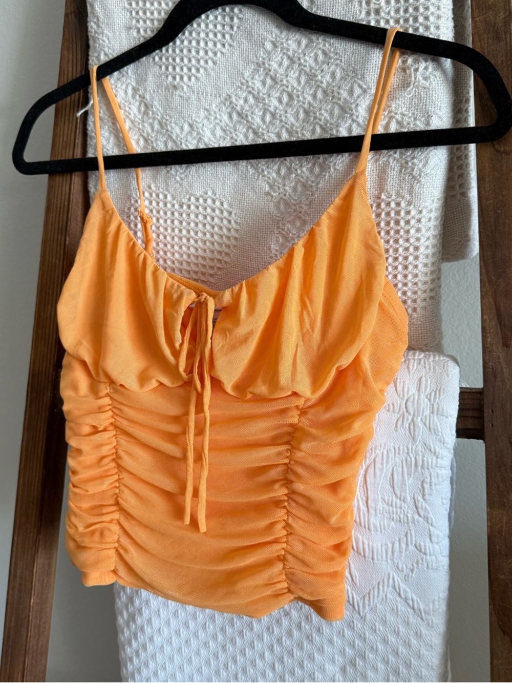 Just Polly from Macy’s Bright Orange Ruched Mesh Spaghetti-Strap Cropped Top - Picture 2 of 4